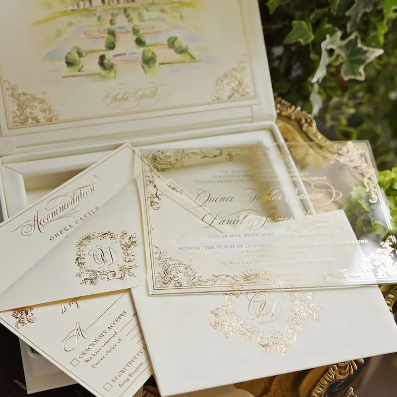 Nuovo arrivo nappa di seta crema velluto invito a nozze scatola Logo personalizzato matrimonio spesso acrilico invito a carte di nozze
