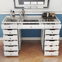 Table de toilette moderne française à miroir brillant, table de toilette de princesse en verre avec rangement caché dans le coin, table de maquillage avec 13 tiroirs