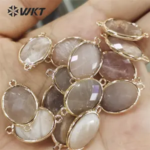 WT-C304 Hot women fashion gold bezel double loops natural gemstone connectors for jewelry DIY Finding double faceted stone