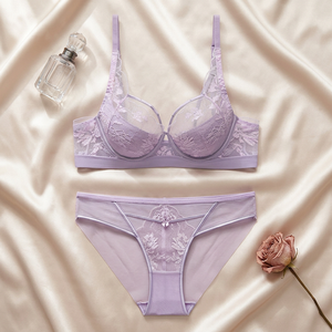 Lavender Floral Lace Bra and Brief <b>Set</b> Underwired Full Cup Ladies <b>Sexy</b> Bra <b>Set</b> Romantic Women's Intimates Sheer Mesh Lingerie - Product Image 2
