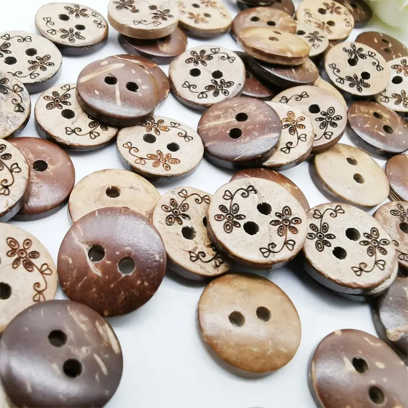 טבעי סגנון עגול עץ קוקוס כפתורי בגד קישוט 2/4-חורים חום קוקוס כפתור