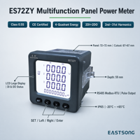 Compteur d'énergie multifonctionnel certifié CE EastSong ES72ZY, triphasé classe 0.5S, RS485 Modbus, 4 quadrants, 72x72, 2DI+2DO, IP65