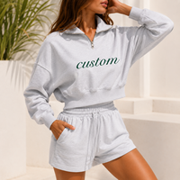 Conjunto de Sudadera Corta con Media Cremallera y Pantalones Cortos de Algodón para Mujer, Tallas Grandes, Estilo Vintage Lavado, con Logotipo Personalizado, Ropa Deportiva Casual