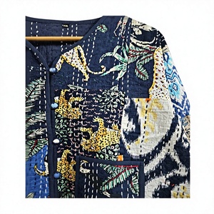Quilted <b>Jacket</b> <b>Women</b> Mandarin Collar Three Quarter Sleeve Geometric Print Cotton Autumn Outerwear Hand Embroidered gift for her - Product Image 5