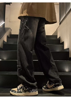 Jeans Ample Homme à Jambes Droites Coupe Large de Mode Automne, Denim Brodé Étoiles Colorées, Style Petit Ami Décontracté, Taille Haute Streetwear Été