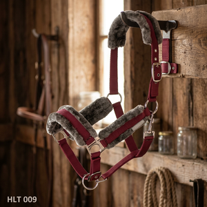 สายจูงม้า HLT 009 สีแดง ทำจากไนลอน บุด้วยผ้าฟลีซสีเทา ปรับขนาดได้ พร้อมหัวเข็มขัด ใช้ได้กับม้าทุกขนาด เหมาะสำหรับใช้ในคอกม้า สายรัดศีรษะม้าแบบปรับได้ - Product Image 1