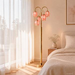 Lámpara de Pie de Diseño con 5 Cabezas de Tulipán, Pantalla de Vidrio Teñido, Base E26, Soporte de Metal, Luz Decorativa para Sala de Estar - Product Image 1