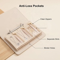 Carnet de rangement portable pour bijoux avec fermeture éclair transparente et pochette en velours pour boucles d'oreilles, etc., pour femmes (Beige Blanc)