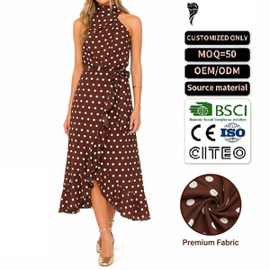 Vestido Halter Personalizado Estilo Francés Vintage con Estampado de Lunares Marrones, Vestido Retro con Volantes y Estampado de Lunares, Ropa de Fiesta para Mujer de Alta Calidad - Product Image 1