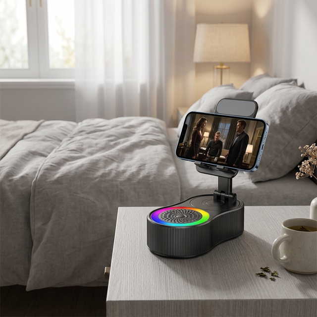 Foldable Adjustable Phone Stand  Speaker With RGB Ambient Light, 2 in 1 Desktop Wireless Audio Player Handsfree
