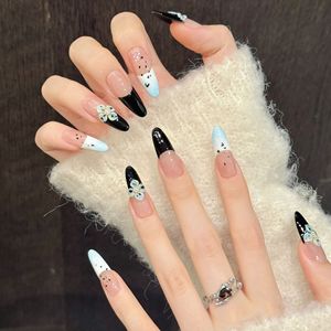 Ongles à presser 3D faits main extra longs, base nude transparente, dégradé noir et <span class=keywords><strong>bleu</strong></span> ciel, French manucure faite main, teinte pâle - Product Image 6