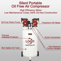 Compresseur d'air silencieux sans huile Compair 100L vertical à double tête et double moteur, grande puissance, haut débit