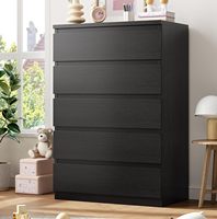Commode moderne noire à 5 tiroirs en bois avec kit anti-basculement, design gain de place, rangement supérieur pour chambre, salon, couloir, entrée