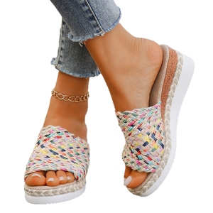 Nouvelles mules <span class=keywords><strong>compensées</strong></span> tissées colorées pour <span class=keywords><strong>femme</strong></span>, collection été 2025 - Sandales décontractées à semelle épaisse et bout ouvert, style espadrille, pour la plage - Product Image 5
