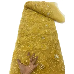 NI.AI Роскошная коричневая 3D Цветочная вышитая кружевная ткань с жемчугом, вышитая бисером кружевная ткань с блестками, Цветочная сетка для платья