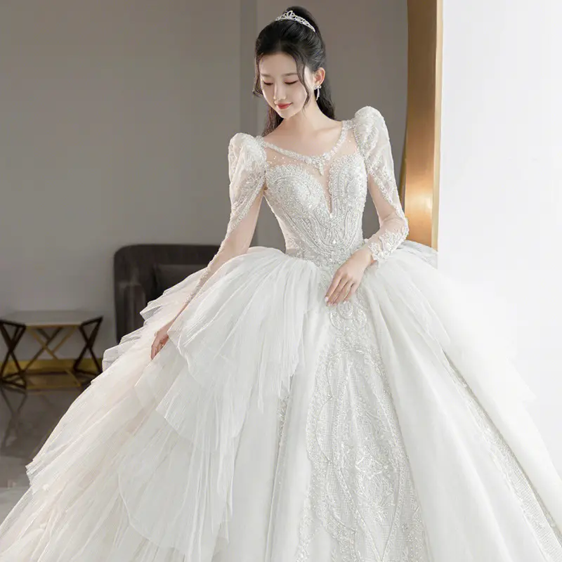 Manga comprida frisada laço príncipes vestido de baile noiva casamento vestidos China
