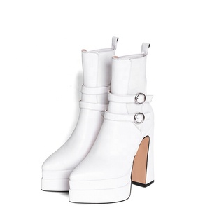 Double Platform Pointed Toe Women Fancy Short <b>Boots</b> Metal Buckles Chunky Heels Shoes Booties Custom Logo Available - Product Image 4