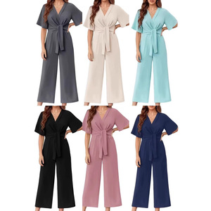 Nouvelle arrivée estivale Combinaison femme unie à col en V, taille nouée, manches courtes, simple et tendance - Product Image 1