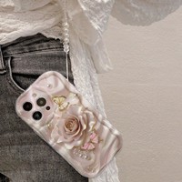 Coque de téléphone INS Golden Rose Butterfly avec chaîne pour iPhone 16 17 Pro Max 14, motif crème, coque arrière Funda