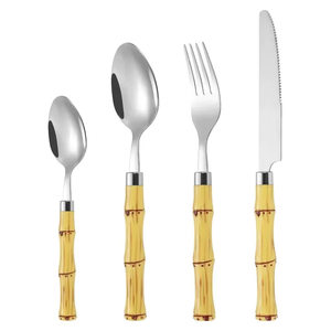Ensemble de couverts en acier inoxydable argenté et doré, style bambou tropical, vaisselle moderne pour jardin, fête, mariage, usage domestique - Product Image 1