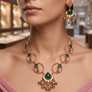 Antique Gold Plated Emerald Green Gemstone Circular Motif Imitation Necklace Perfect Pick for Festive Party Outfit Wear - Product Image 1
