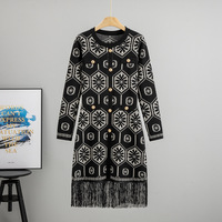 Robe midi élégante de style ethnique pour femme, pour l'automne et l'hiver, décontractée, en jacquard, taille cintrée, avec des franges, nouvelle tendance 0594