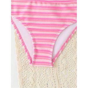 FOXA Girls 2 Piece Striped <b>Bikini</b> <b>Set</b> Knot Front Spaghetti Strap Bandeau Top High Waisted Panties Beachwear - Product Image 4