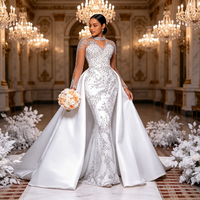 Nouvelle Robe de Mariée Empire Longue en Dentelle pour le Commerce International, Style Africain, avec Traîne Amovible, Dos Illusion et Col Halter Brodé