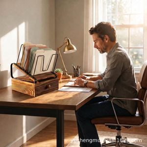 Wooden Desktop <b>File</b> Organizer Slanted Rack With <b>Drawer</b> For Office Home Use Multipurpose Storage Vertical Filing System - Product Image 2