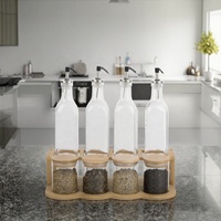 Set Cruet kaca 8 buah, dengan rak kayu, toples bumbu dan botol cuka minyak untuk penyimpanan makanan
