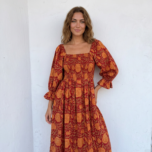 100% Cotton Square Collar Floral Hand Block Print A-Line Maxi <b>Dress</b> <b>Ruffle</b> Sleeves Boho Party Wear for Holiday Celebrations - Product Image 4