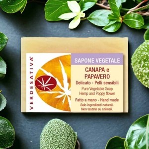 Sapone Vegetale Verdesativa con Canapa e Fiore di Papavero per Pelle Sensibile, Sapone Naturale Fatto a Mano per il Corpo 100g - Product Image 1