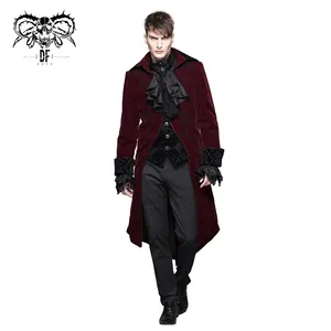 Traje gótico de terciopelo bordado a mano para hombre, abrigo largo, moda Diablo, negro y rojo, CT02802