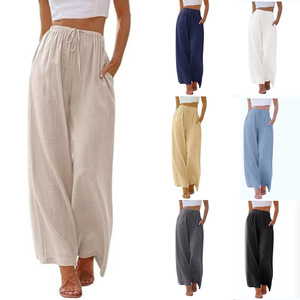 <span class=keywords><strong>Pantaloni</strong></span> da donna di grandi dimensioni in lino <span class=keywords><strong>larghi</strong></span> Casual <span class=keywords><strong>con</strong></span> tasche e coulisse <span class=keywords><strong>pantaloni</strong></span> donna - Product Image 1