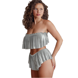 ชุดเซ็ต 2 ชิ้น เสื้อแขนค้างคาวแบบไม่มีสายรัดไหล่ กางเกงขาสั้นทรงหลวมสบายๆ จีบระบาย ผ้าสีพื้นเรียบ ไม่มีปก สำหรับผู้หญิง ฤดูร้อน ความยาวเหนือเข่า - Product Image 1