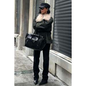 Manteau surdimensionné en jean et velours côtelé imprimé avec col en fourrure de lapin, fermeture éclair et simple boutonnage 6135-08 - Product Image 5