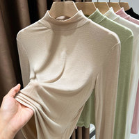 T-shirt à col roulé minimaliste en mélange de viscose pour femme, coupe ajustée, couleur unie, élégant, à manches longues, pour le printemps