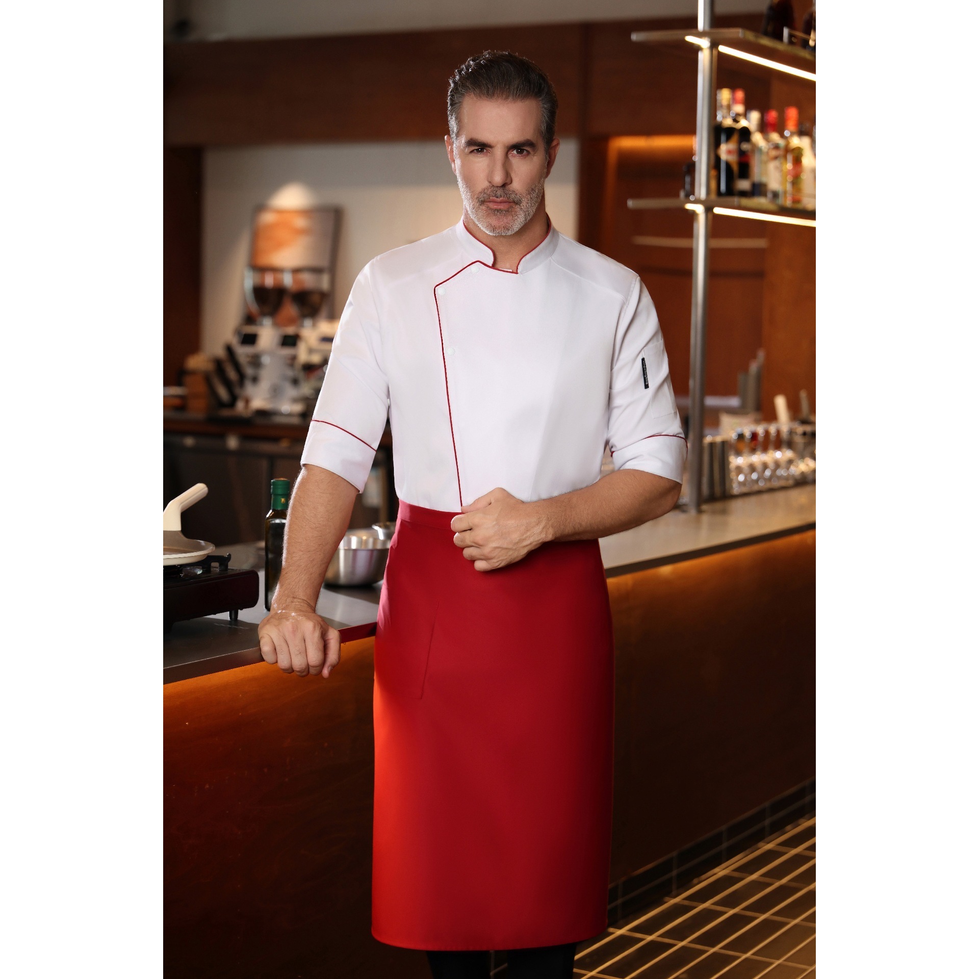 White jacket with red trim and short sleeves