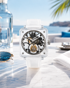 Montre squelette manuelle pour homme avec tourbillon, boîtier carré transparent en PC, bracelet en fluororubber saphir, résistance à l'eau 30M - Product Image 2