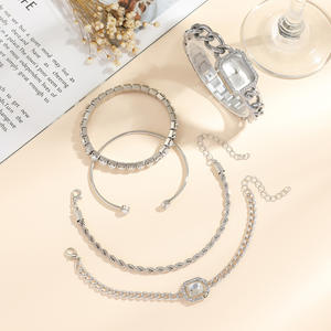 उन्नत डायमंड-एनक्रस्टेड लक्जरी क्वार्ट्ज घड़ी सेट 5 पीसी मिश्र धातु स्टील बैंड और केस ग्लास फेस - Product Image 3