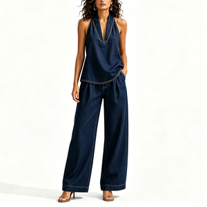 Ensemble <span class=keywords><strong>en</strong></span> <span class=keywords><strong>jean</strong></span> col halter pour <span class=keywords><strong>femme</strong></span>, haut <span class=keywords><strong>en</strong></span> V et pantalon large, style rétro, vente <span class=keywords><strong>en</strong></span> gros pour fabricants de vêtements - Product Image 4