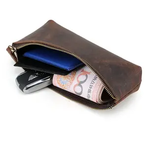 TIDING Promotion Classic Design Custom Logo Genuine Leather Stationery Pen Pouch Leather Pencil Bag