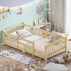 Lit au sol Montessori sans porte, taille double, en <span class=keywords><strong>bois</strong></span> massif naturel avec barrière tout autour, meubles de <span class=keywords><strong>chambre</strong></span> - Product Image 1