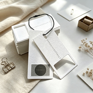 Étiquettes suspendues en papier coton texturé gaufré de luxe, avec logo personnalisé et découpe ajourée, pour vêtements et bijoux - Product Image 1