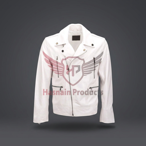 Stylish Phoenix Design <b>Men's</b> Premium Vegetable Tanned Leather <b>Biker</b> <b>Jacket</b> White Fashionable Winter Statement Breathable - Product Image 3