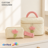 Pochette cosmétique en velours côtelé crème, design tulipe, grande capacité, sac à maquillage avec design personnalisé pour les filles, pour les voyages et l'usage quotidien