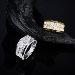 Men's Yellow <b>Gold</b> <b>Cocktail</b> <b>Ring</b> With Round Moissanite Center And Pave Side Stones Geometric Design Classic Style - Product Image 3
