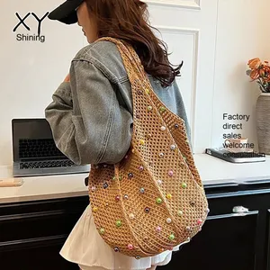 Bolso cruzado de gran capacidad al por mayor, bolsos casuales, bolso de mano tejido con perlas y diseño de chaleco calado para manualidades - Product Image 1