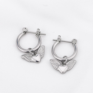 Pendientes de aro con forma de corazón y alas de acero de titanio, pendientes colgantes a la moda para mujer, primavera 2021 - Product Image 2