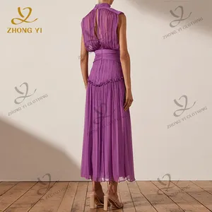2023 Summer Women Clothing New Custom Chiffon Fabric Stand Upcollar Solid Color Stitching Lace Waist Shrink Fashion Long Dresses